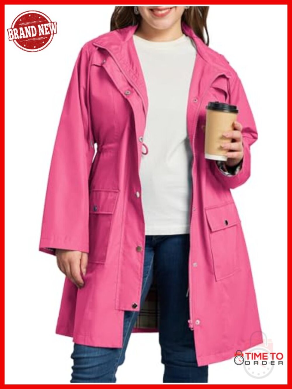 Plus Size Waterproof Rain Jacket with Hood Windbreaker Women's Trench Coat